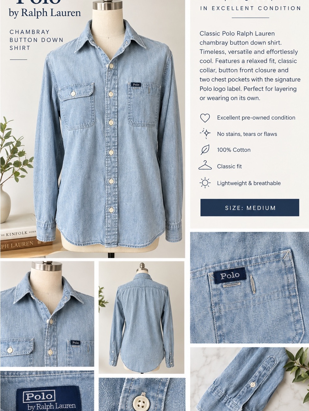 Polo by Ralph Lauren Light Blue Chambray Button-Down Shirt size M